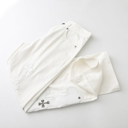 Chrome Hearts Cross Leather Patch White Denim Jeans KB21