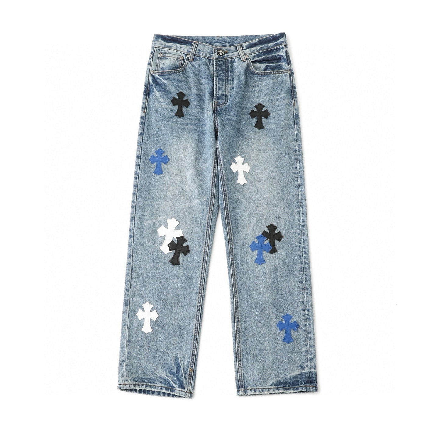Chrome Hearts Black White Blue Multi Leather Patch Denim Jeans KH16