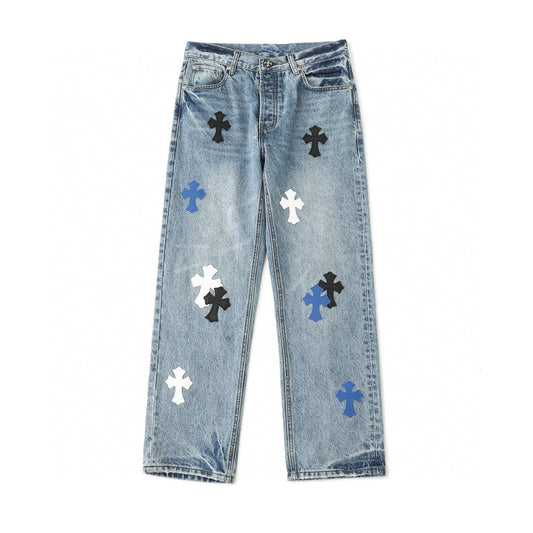 Chrome Hearts Black White Blue Multi Leather Patch Denim Jeans KH16