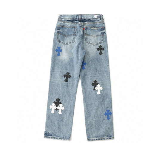Chrome Hearts Black White Blue Multi Leather Patch Denim Jeans KH16