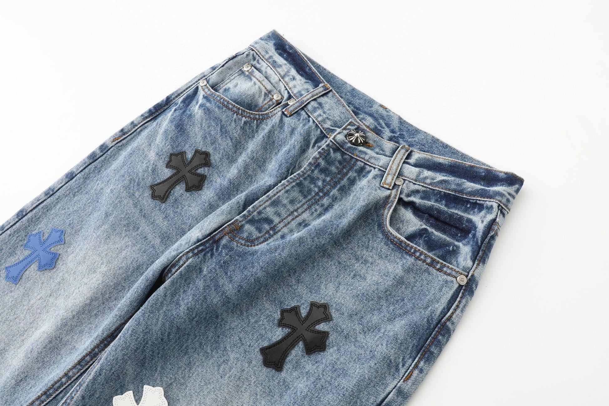 Chrome Hearts Black White Blue Multi Leather Patch Denim Jeans KH16
