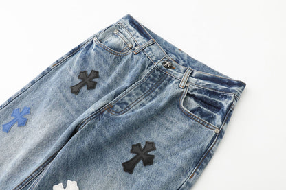 Chrome Hearts Black White Blue Multi Leather Patch Denim Jeans KH16