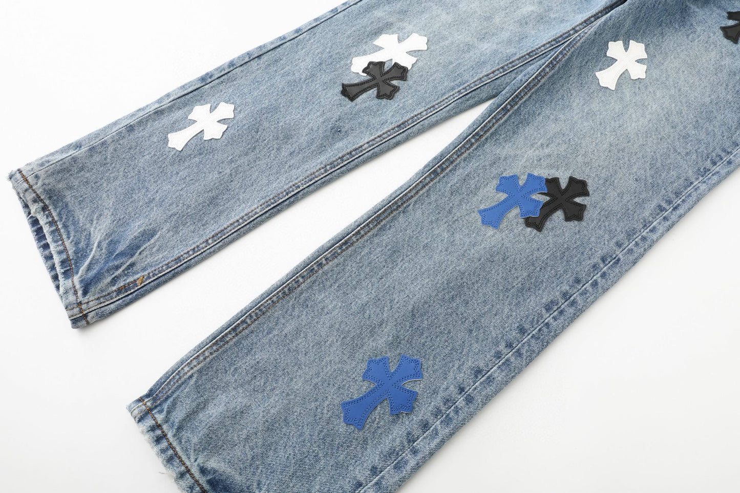 Chrome Hearts Black White Blue Multi Leather Patch Denim Jeans KH16
