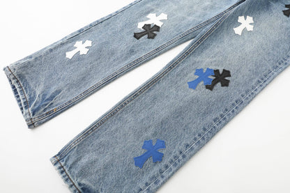 Chrome Hearts Black White Blue Multi Leather Patch Denim Jeans KH16