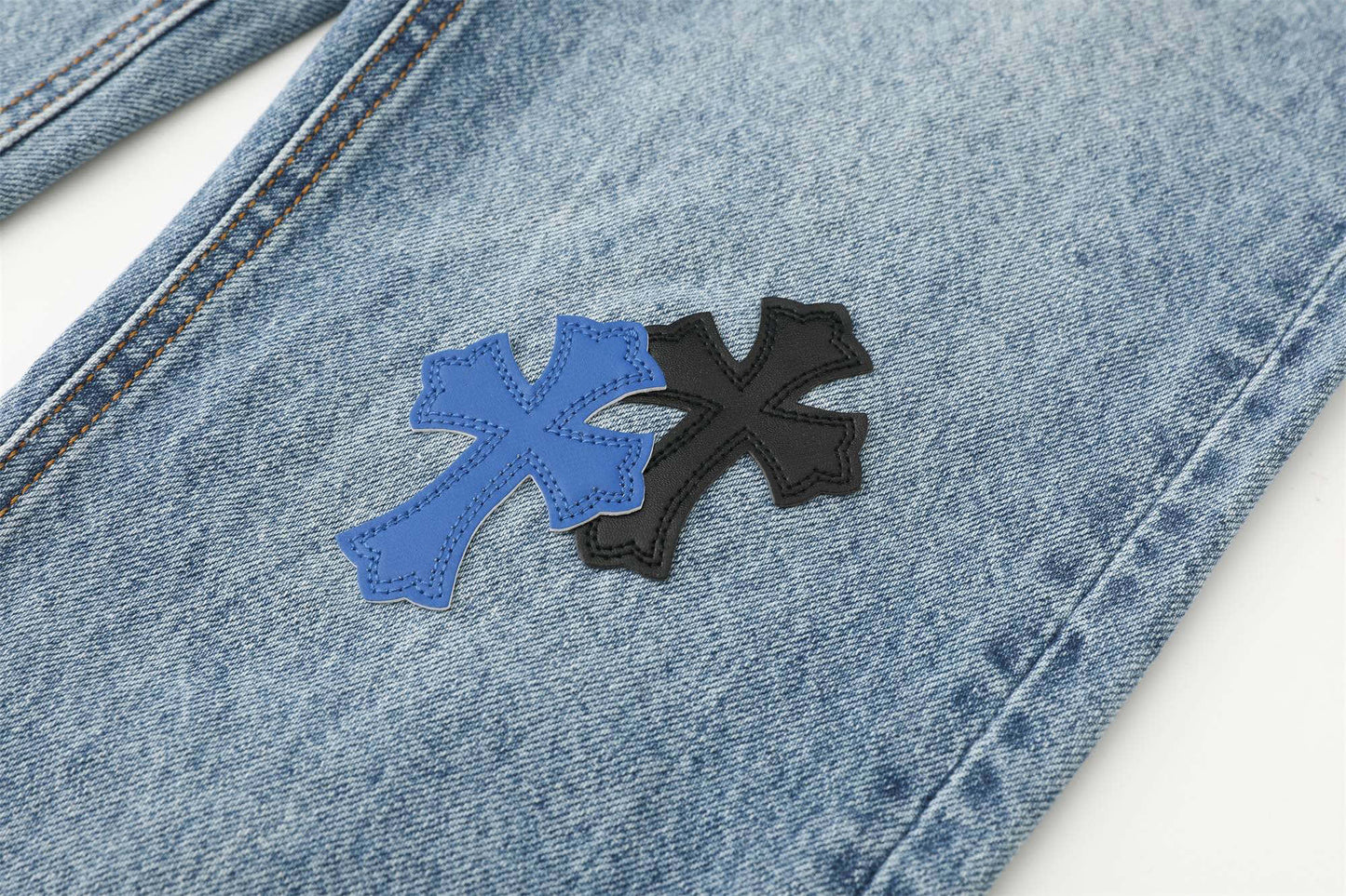 Chrome Hearts Black White Blue Multi Leather Patch Denim Jeans KH16