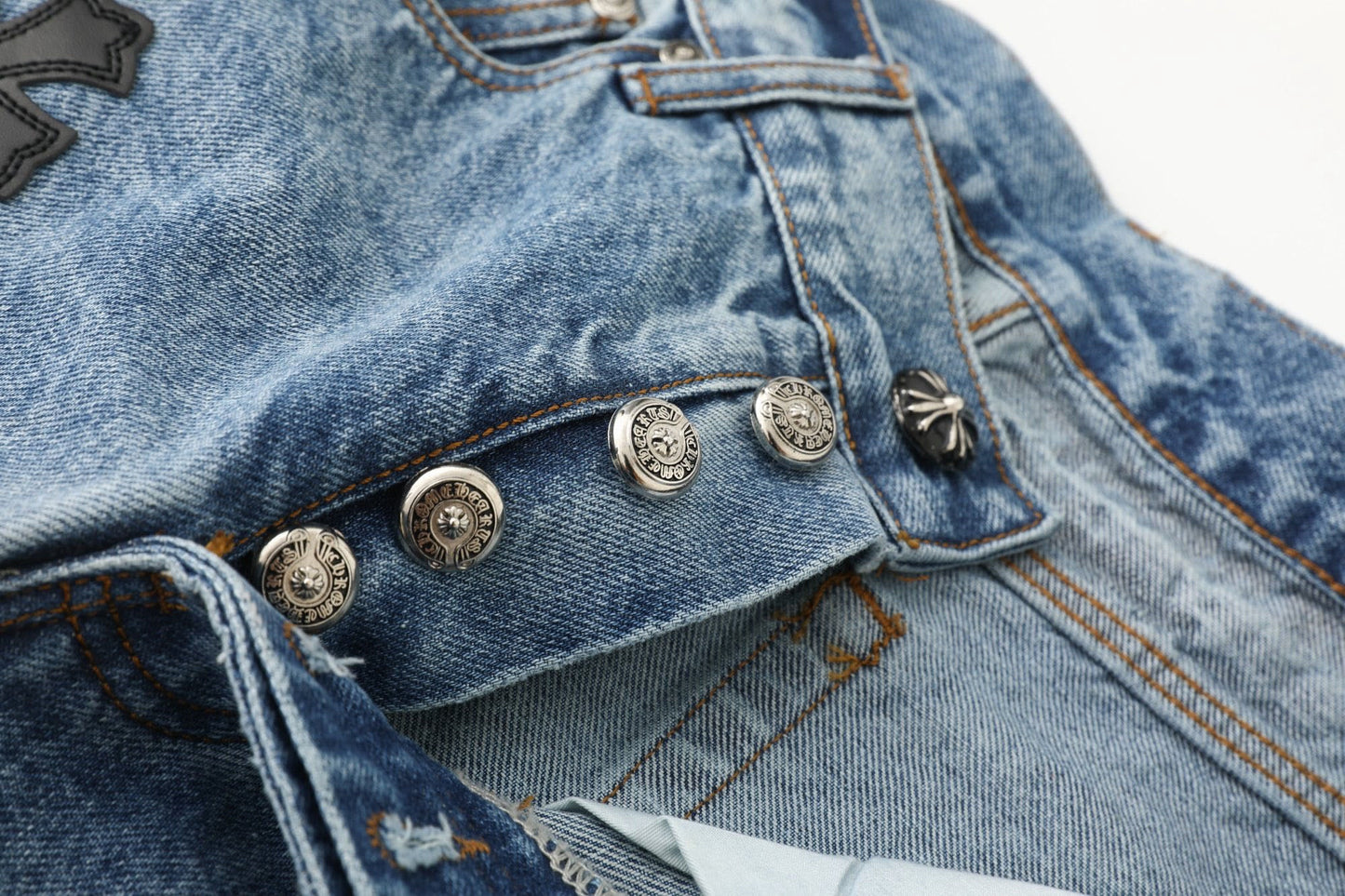 Chrome Hearts Black White Blue Multi Leather Patch Denim Jeans KH16