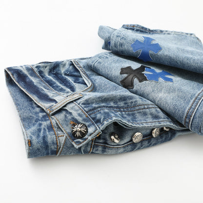 Chrome Hearts Black White Blue Multi Leather Patch Denim Jeans KH16