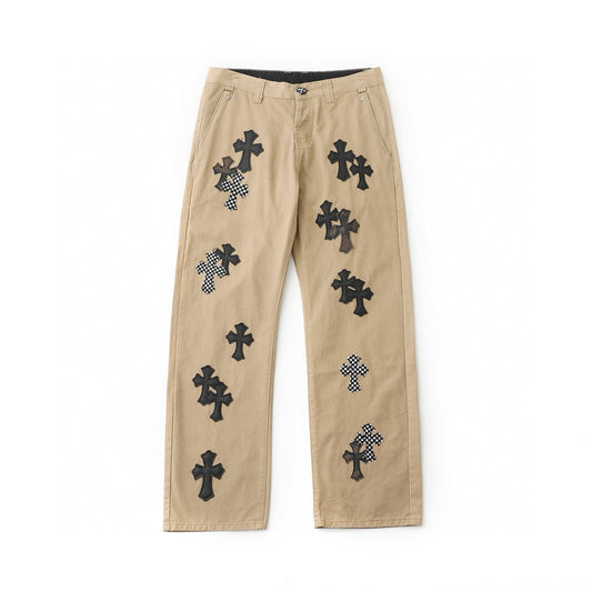 Chrome Hearts Camouflage Checkered Cross Leather Patch Denim Jeans KM15