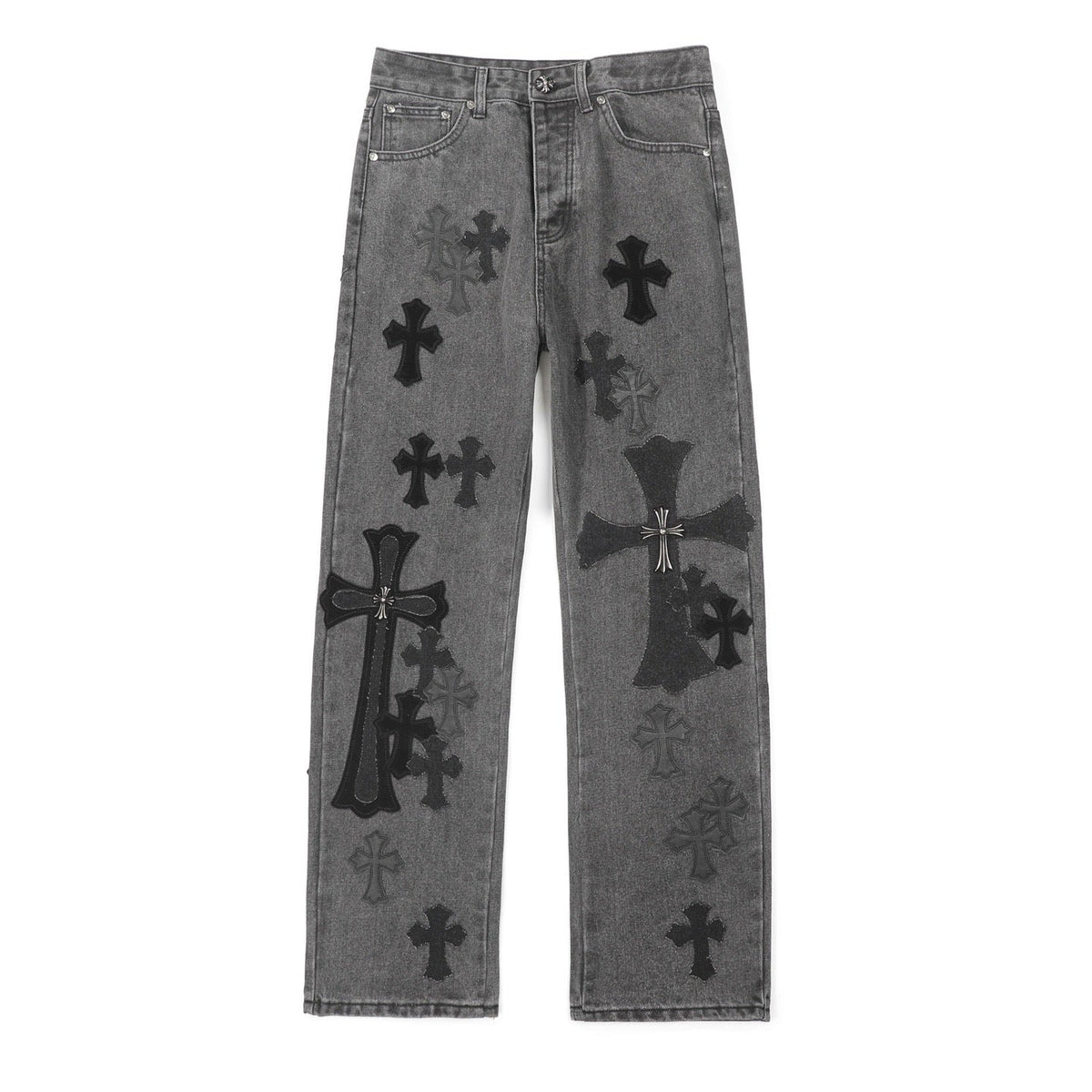 Chrome Hearts Black Metal Leather Patch Cross Denim Jeans KH24