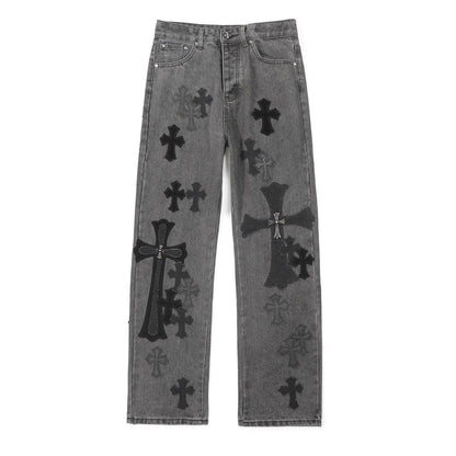 Chrome Hearts Black Metal Leather Patch Cross Denim Jeans KH24