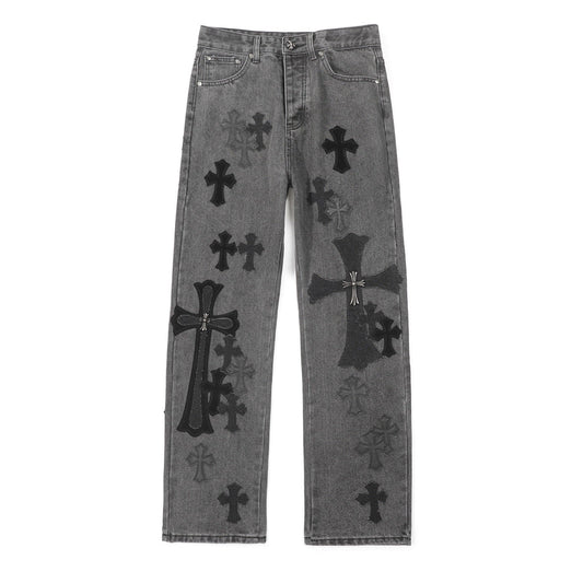 Chrome Hearts Black Metal Leather Patch Cross Denim Jeans KH24
