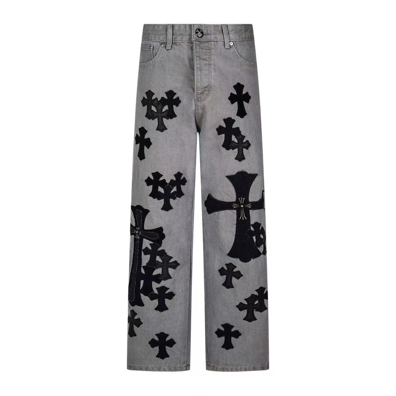 Chrome Hearts Paris Limited Edition Grey Heavy Leather Patch Denim Jeans KH25