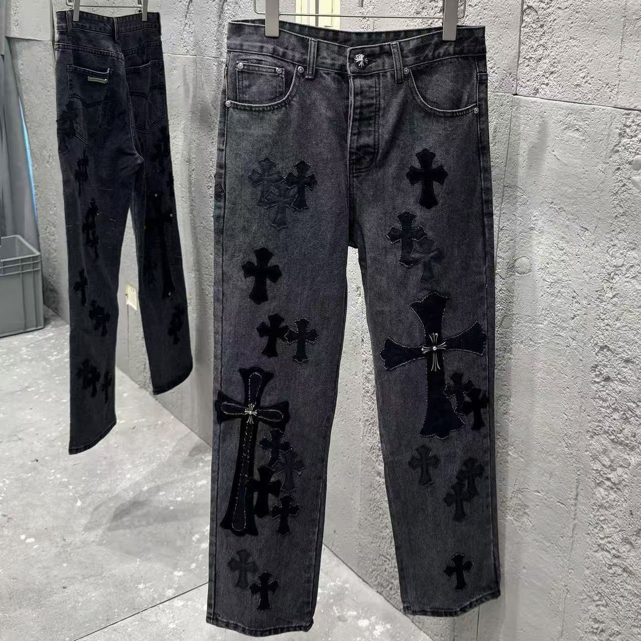 Chrome Hearts Black Metal Leather Patch Cross Denim Jeans KH24