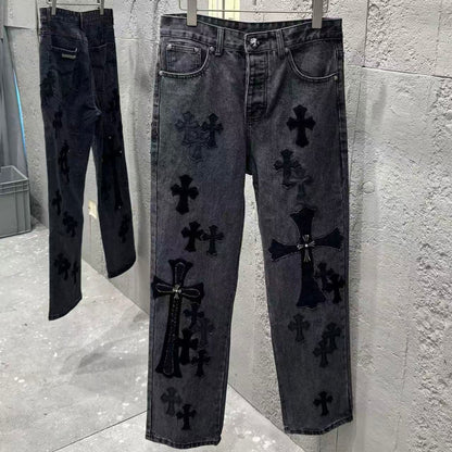 Chrome Hearts Black Metal Leather Patch Cross Denim Jeans KH24