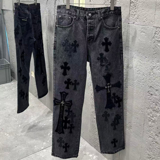 Chrome Hearts Black Metal Leather Patch Cross Denim Jeans KH24