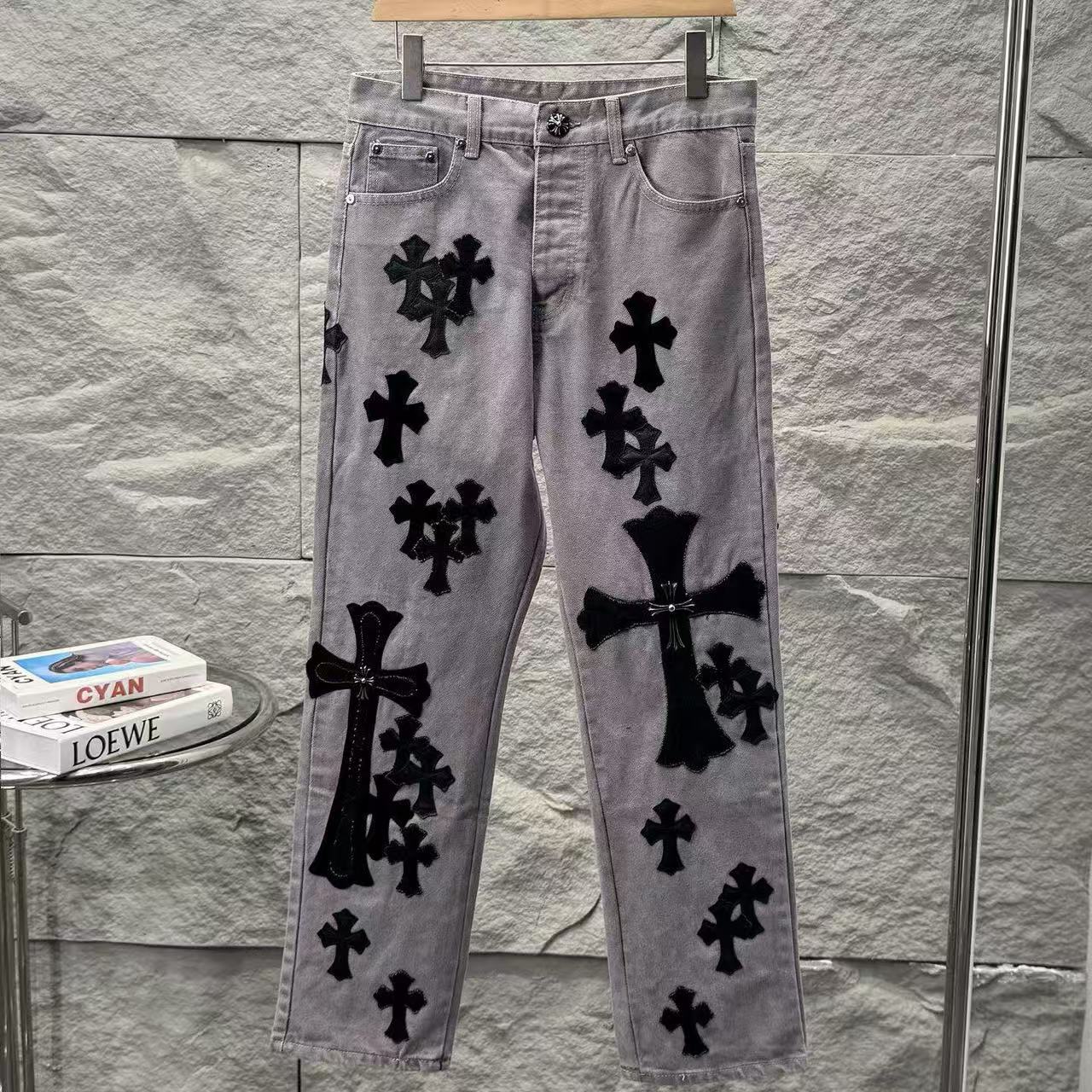 Chrome Hearts Paris Limited Edition Grey Heavy Leather Patch Denim Jeans KH25