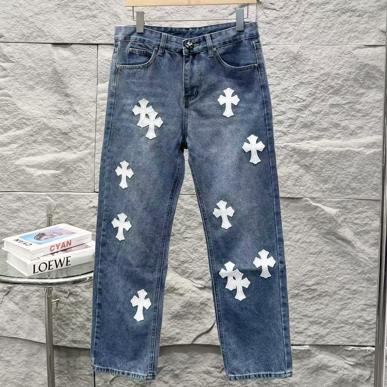 Chrome Hearts White Leather Patchwork Denim Jeans KB26