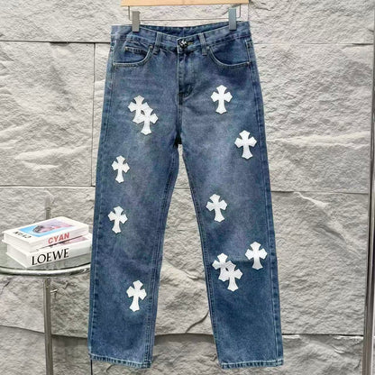 Chrome Hearts White Leather Patchwork Denim Jeans KB26