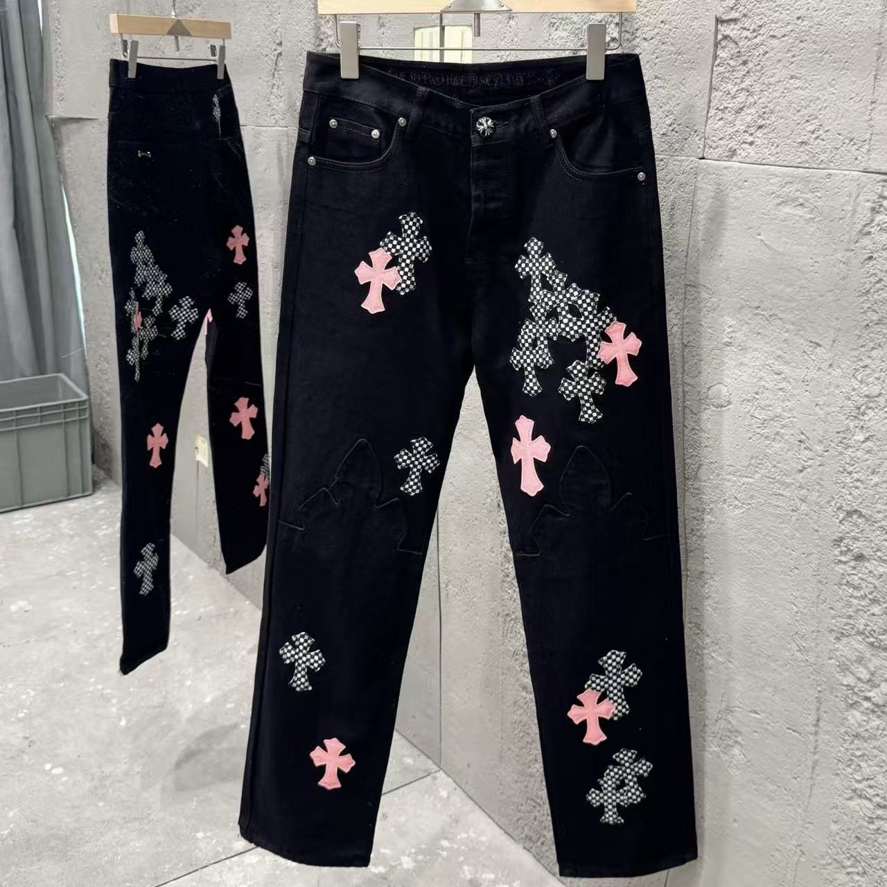 Chrome Hearts Limited Flame Pink Cross Patchwork Denim Jeans KH34
