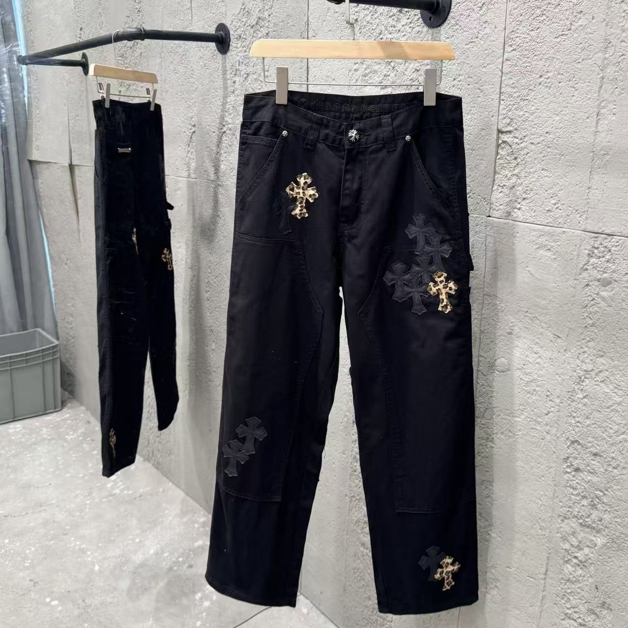 Chrome Hearts Leopard Print Patchwork Black Leather Denim Jeans KB29