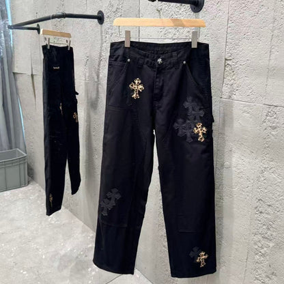 Chrome Hearts Leopard Print Patchwork Black Leather Denim Jeans KB29